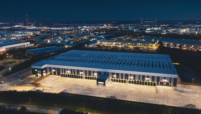 Night aerial view of Purfleet Commercial Park logistics warehouse in London