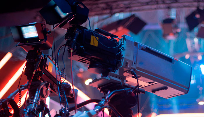Close up of camera in a film studio