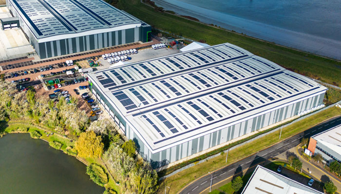 Crossways Commercial Park aerial view of solar PV on warehouse roofs