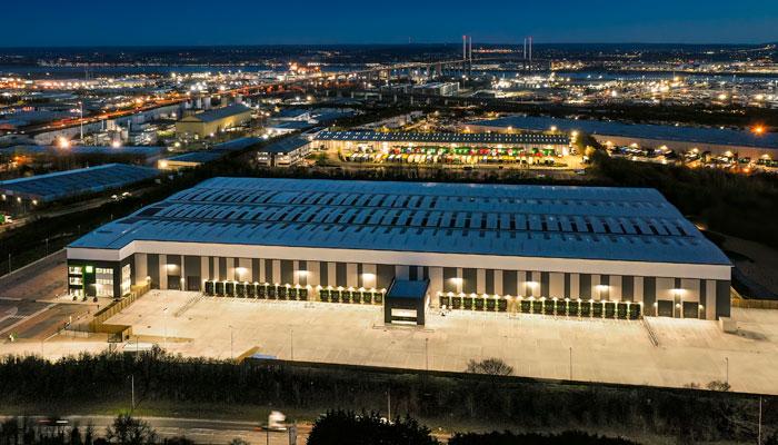 Purfleet Commercial Park aerial view of warehouse at night